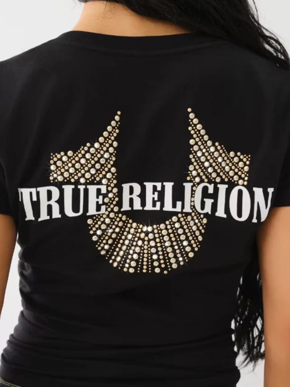 True Religion V-Neck Embellished Black Studded Horseshoe Tee Shirt NWT Size XS